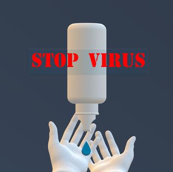 Stop virus sign with hands and sanitiser. Protection against virus on blue background. 3D illustration