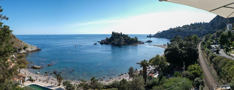 Isola Bella at Taormina, Sicily, Aerial view of the island and Isola Bella beach and blue ocean water in Taormina, Sicily, Italy Europe