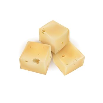 Three yellow cubes of cheese on a white background. Realistic style illustration.