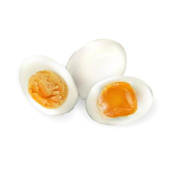 Eggs on a white background, peeled and cut in half, soft and medium boiled. Realistic style illustration.