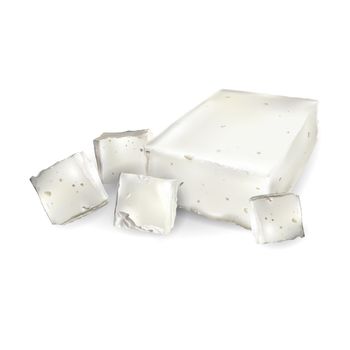 Several pieces of feta cheese on a white background. Realistic style illustration.