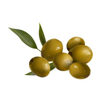 Composition of green olives with leaves isolated on white. Realistic style illustration.