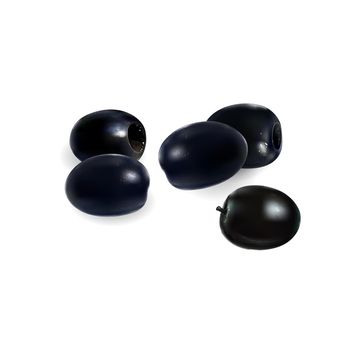 Composition of several black olives on a white background. Realistic style illustration.