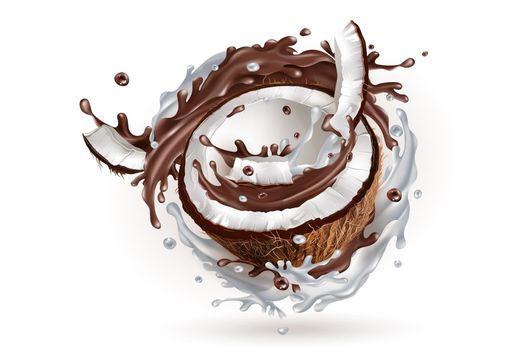 Half a coconut in a milky and chocolate splash on a white background.