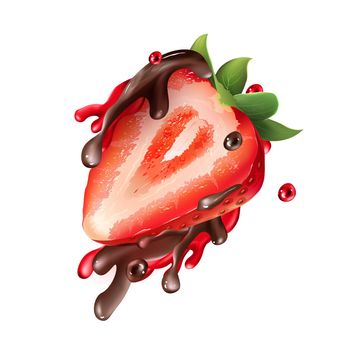 Half a strawberry in splashes of chocolate and juice on a white background.