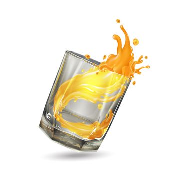 Orange juice splash in a transparent glass.