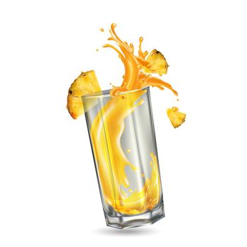 Composition of whole and sliced pineapple and a splash of juice in a transparent glass.