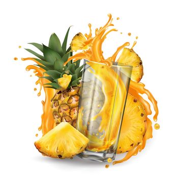 Composition of whole and sliced pineapple and a splash of juice in a transparent glass.