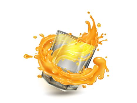 Orange juice splash in a transparent glass.