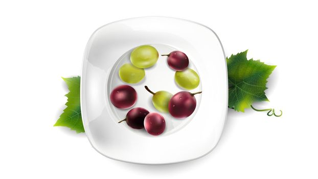 Red and green grapes served on a dish with green leaves.