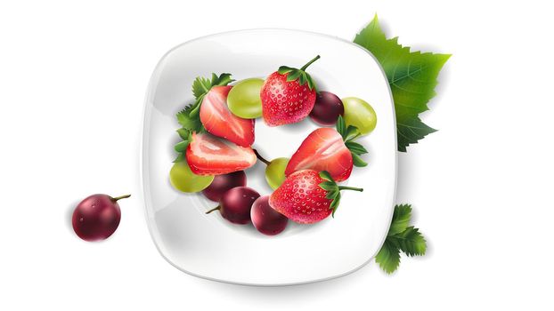 Strawberry and grapes on a white plate and green leaves.