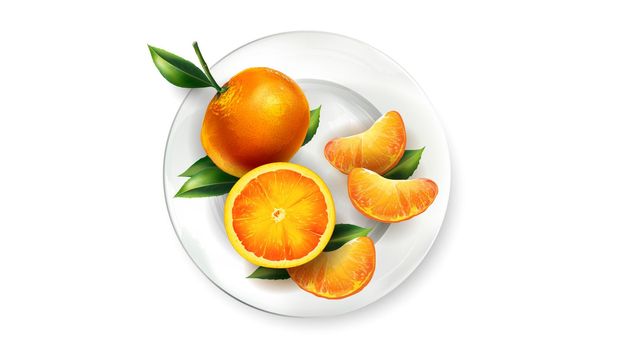 Composition of orange mandarins on a white plate.