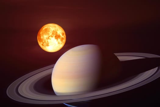 full blood moon on dark cloud and colse up to rings of saturn planet, Elements of this image furnished by NASA