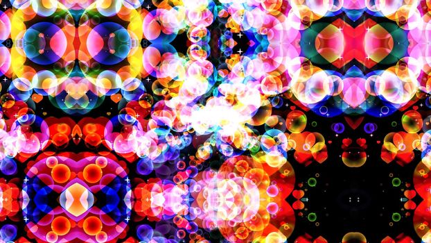 reflection dark abstract colorful rainbow bubbles with dancing hearts floating on black screen with white star theme valentine day and love concept