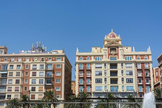 Fountain and Plaza de la Marina, Málaga, Andalusia, Spain, Europe