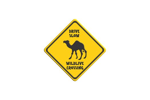 Yellow warning sign with label in English - Drive slow wildlife crossing against white background.