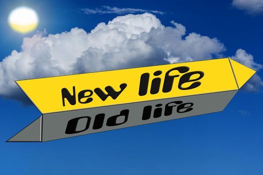 Street sign caption in English - new against old life in front of cloud background with sun