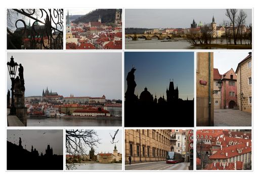 Collage of famous attractions of Prague, world heritage sites. Historic places of capital of Czech Republic, cultural center of Europe. Gothic, Renaissance and Baroque eras.