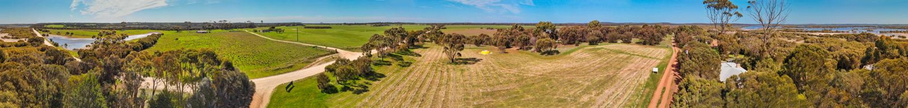 Panoramic aerial view of Kangaroo Island countryside in spring, Australia.