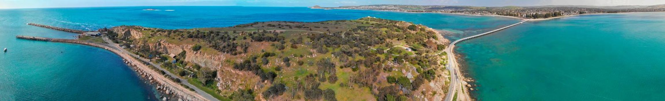 Panoramic aerial view of Granite Island and Victor Harbour, Australia.