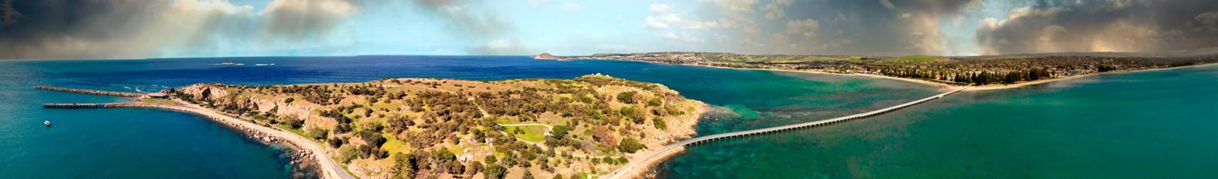 Panoramic aerial view of Granite Island and Victor Harbour, Australia.