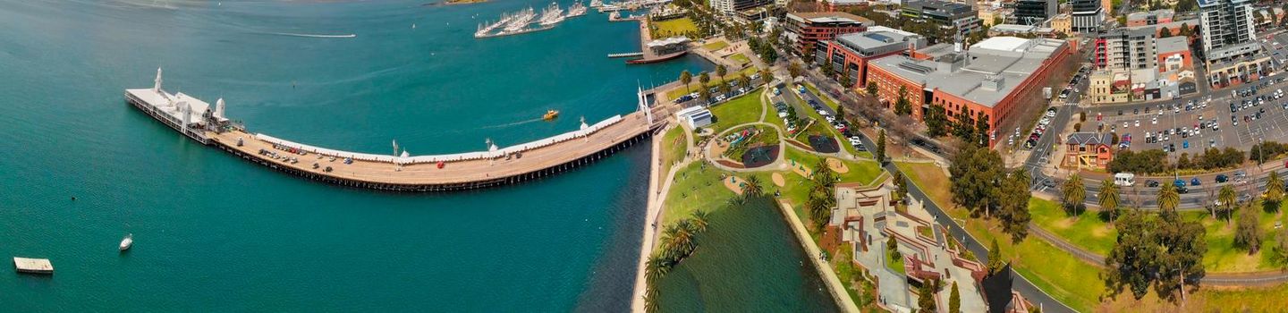 Panoramic aerial view of Geelong coastline in Victoria, Australia.