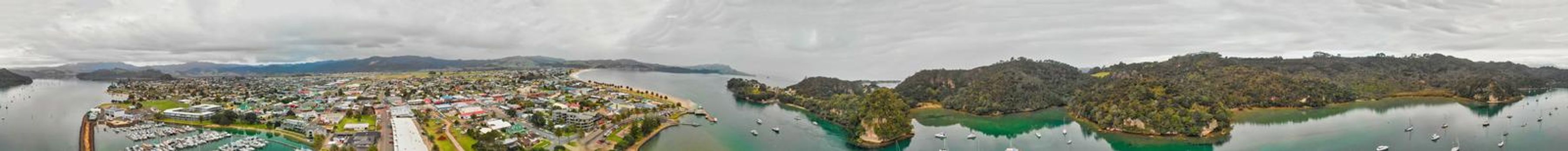 Panoramic aerial view of Whitianga and Mercury Bay, New Zealand North Island.