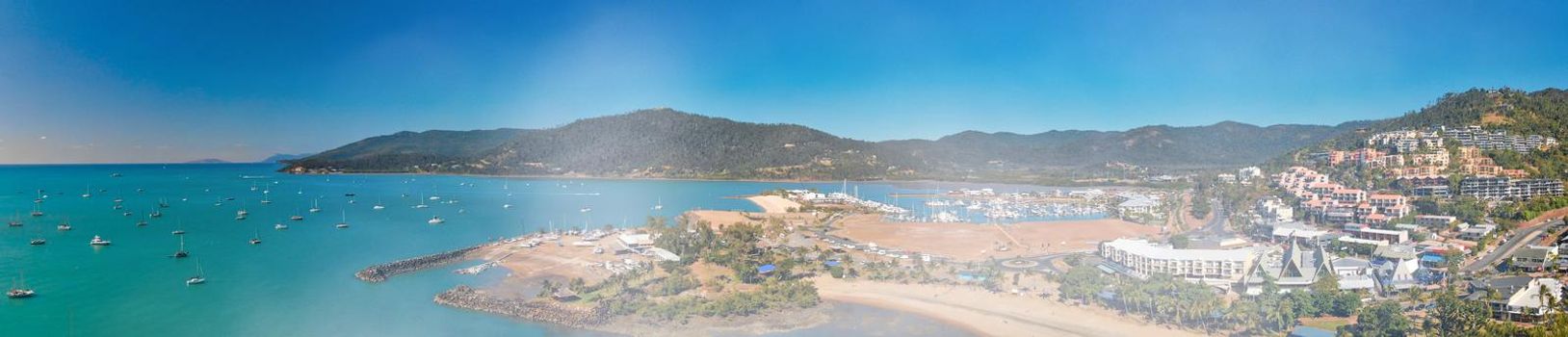 Panoramic aerial view of Airlie Beach on a beautiful sunny day, Australia