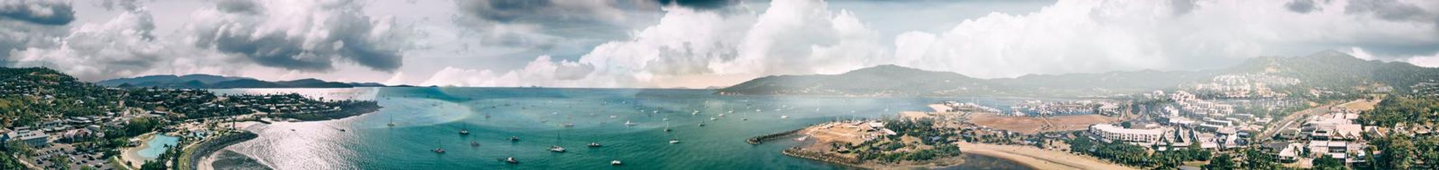 Panoramic aerial view of Airlie Beach on a beautiful sunny day, Australia