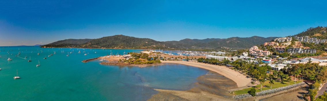 Panoramic aerial view of Airlie Beach on a beautiful sunny day, Australia