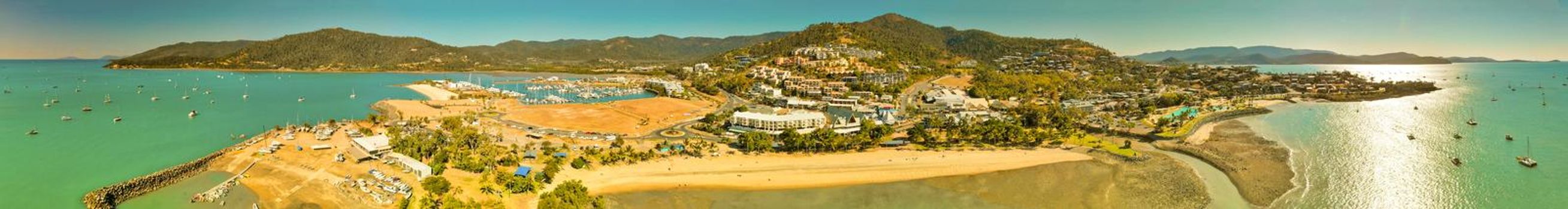 Panoramic aerial view of Airlie Beach on a beautiful sunny day, Australia