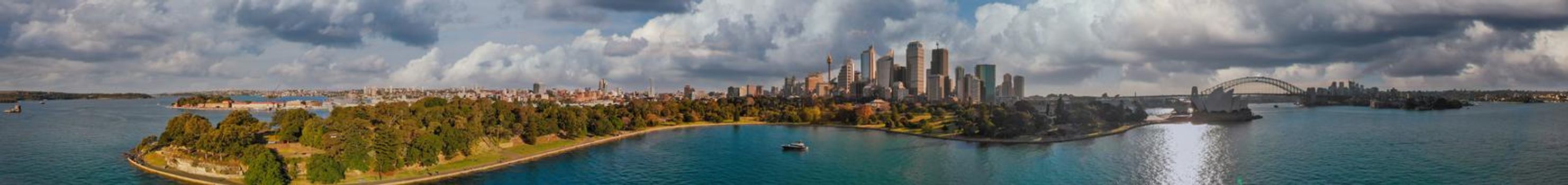 Panoramic aerial view of Sydney from Sydney Harbour Bay.