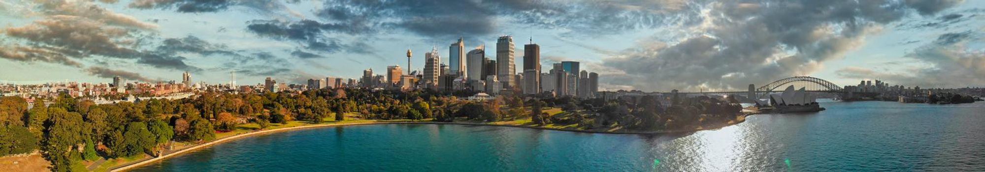 Panoramic aerial view of Sydney from Sydney Harbour Bay.