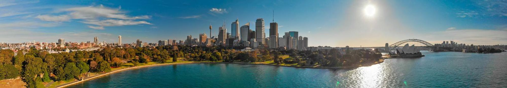 Panoramic aerial view of Sydney from Sydney Harbour Bay.