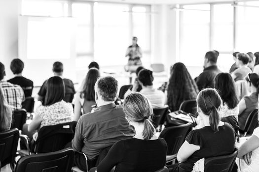 Business and entrepreneurship symposium. Female speaker giving a talk at business meeting. Audience in conference hall. Rear view of unrecognized participant in audience.