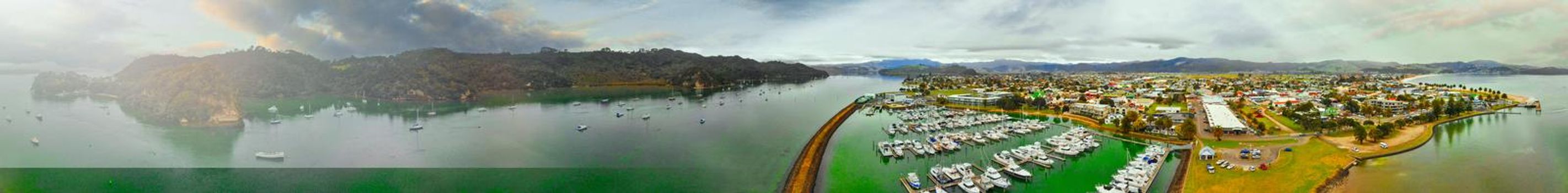 Panoramic aerial view of Whitianga and Mercury Bay, New Zealand North Island.