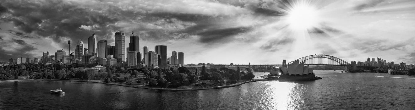 Panoramic aerial view of Sydney from Sydney Harbour Bay.