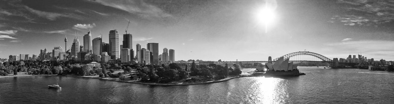 Panoramic aerial view of Sydney from Sydney Harbour Bay.