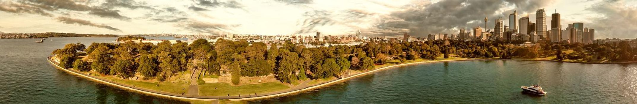 Panoramic aerial view of Sydney from Sydney Harbour Bay.