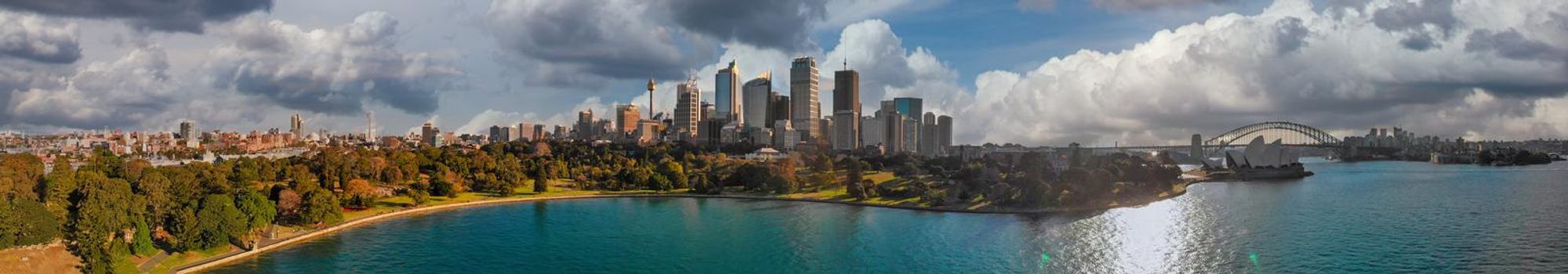 Panoramic aerial view of Sydney from Sydney Harbour Bay.