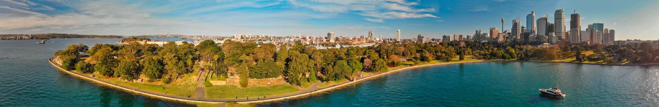 Panoramic aerial view of Sydney from Sydney Harbour Bay.