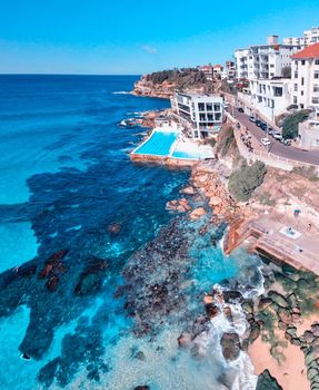 Aerial panoramic view of Bondi Beach pools from drone, Sydney