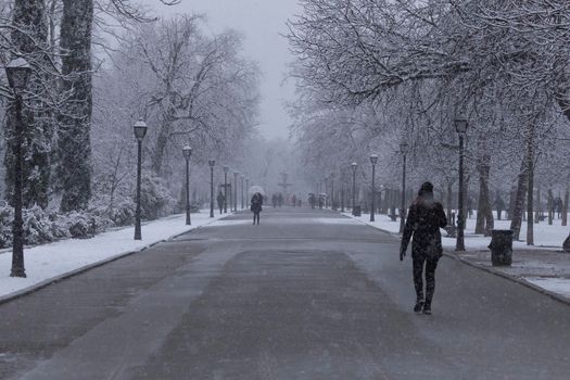 Madrid, Spain - January 07, 2021: People enjoying a walk through the Buen Retiro park in Madrid, in the middle of a snowy day, due to a wave of polar cold.