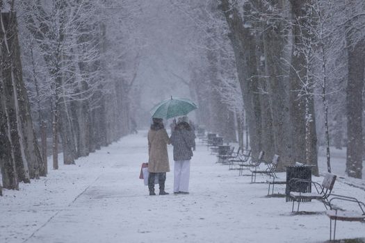 Madrid, Spain - January 07, 2021: People enjoying a walk through the Buen Retiro park in Madrid, in the middle of a snowy day, due to a wave of polar cold.