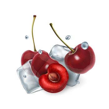 Composition with fresh cherries and ice cubes on a white background. Realistic style illustration.