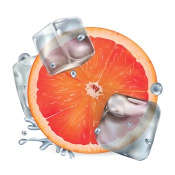Composition with fresh grapefruit and ice cubes on a white background. Realistic style illustration.