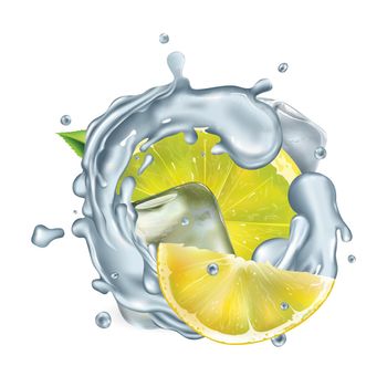 Composition with fresh lemon and ice cubes on a white background. Realistic style illustration.