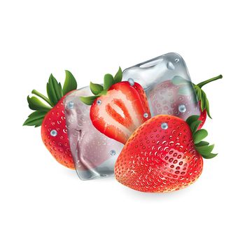 Composition with fresh strawberries and ice cubes on a white background. Realistic style illustration.