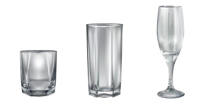 Empty glasses and a goblet for different bar drinks in a realistic style.