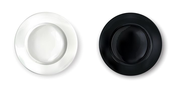 White and black round empty plates in a realistic style on a white background. Top view.